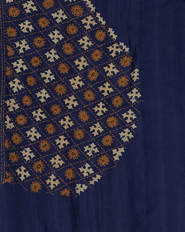 Blue Pure Tussar Silk Saree With Allover Kutch Embroidery & Pita Work