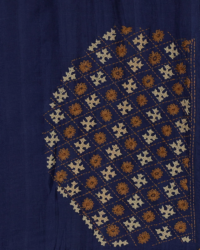 Blue Pure Tussar Silk Saree With Allover Kutch Embroidery & Pita Work