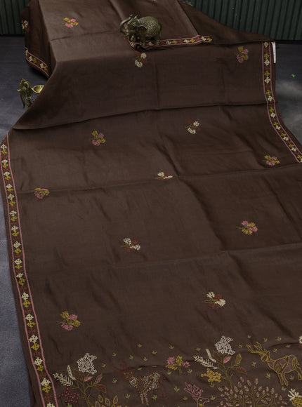 Brown Pure Tussar Silk Saree With Allover Kutch Embroidery