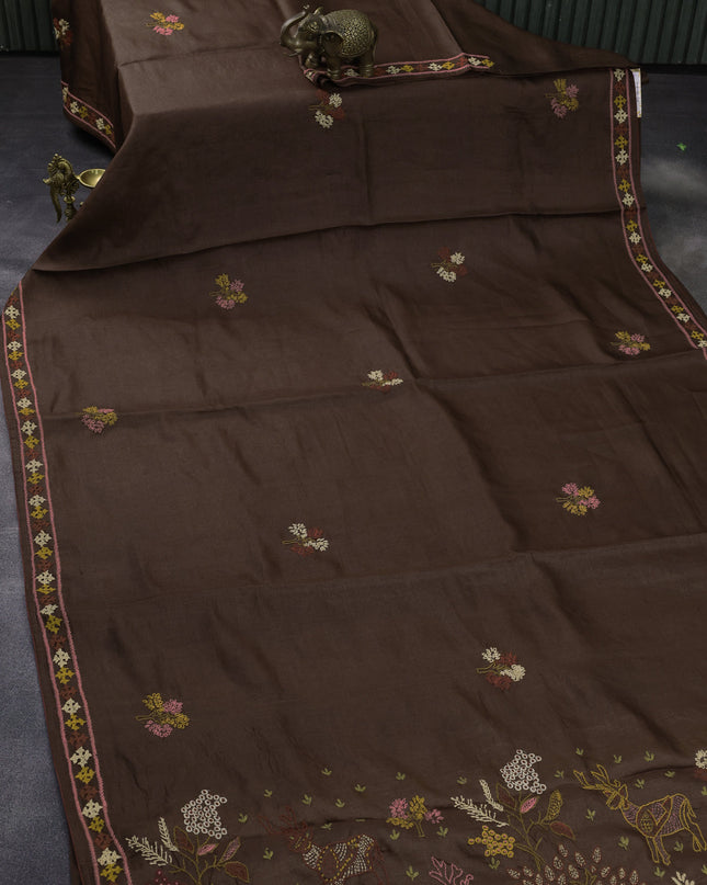 Brown Pure Tussar Silk Saree With Allover Kutch Embroidery