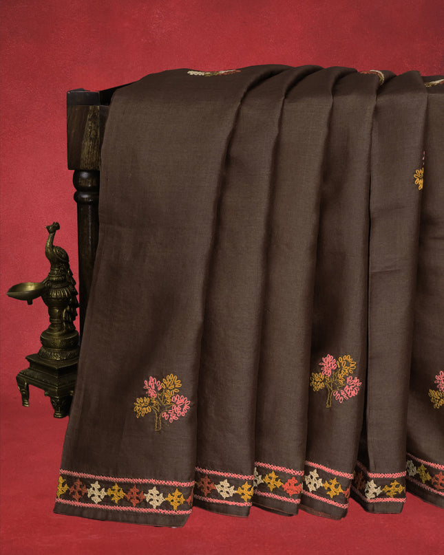 Brown Pure Tussar Silk Saree With Allover Kutch Embroidery