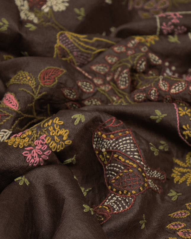 Brown Pure Tussar Silk Saree With Allover Kutch Embroidery