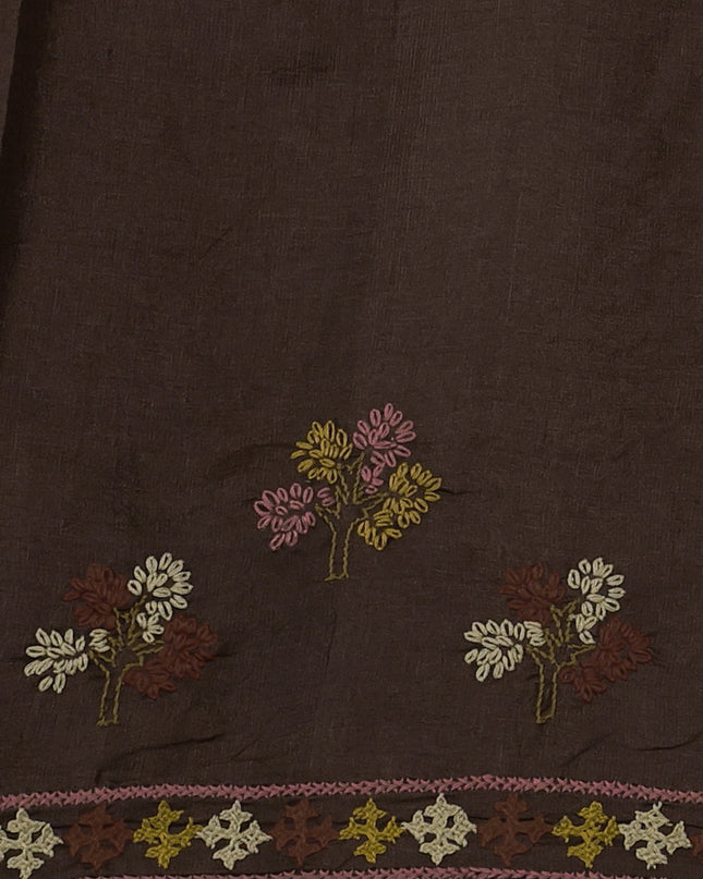 Brown Pure Tussar Silk Saree With Allover Kutch Embroidery
