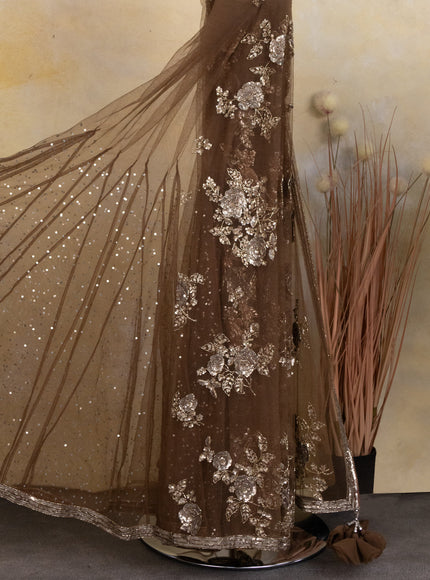 Military Green Netted Saree With Allover Sequin Work &  Readymade Work Blouse
