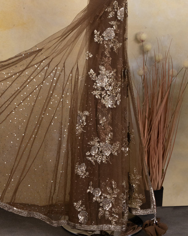 Military Green Netted Saree With Allover Sequin Work &  Readymade Work Blouse