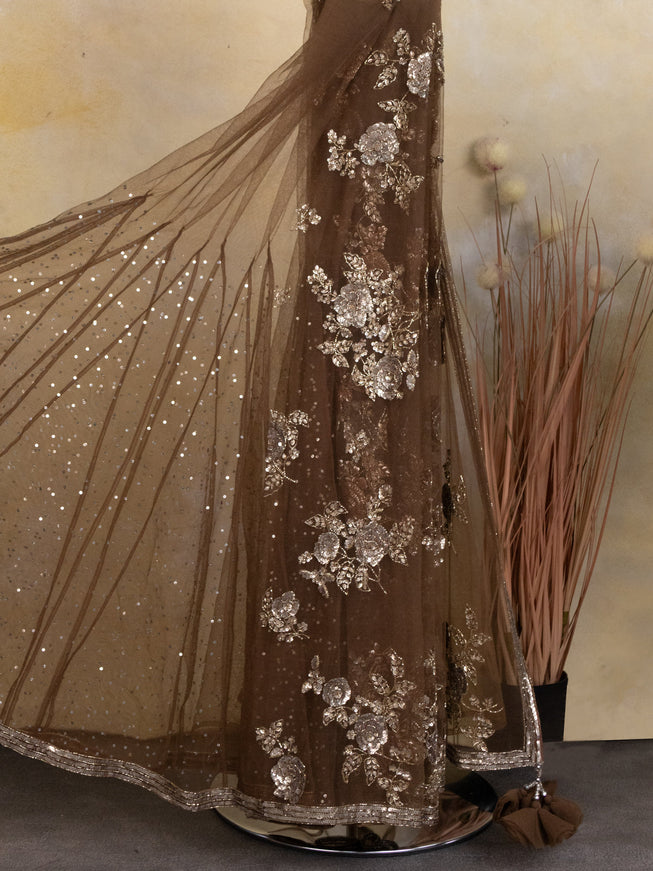 Military Green Netted Saree With Allover Sequin Work &  Readymade Work Blouse
