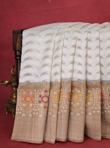 Off White - Dark Sandal Banarasi Kora Silk Saree With Thread Weaves