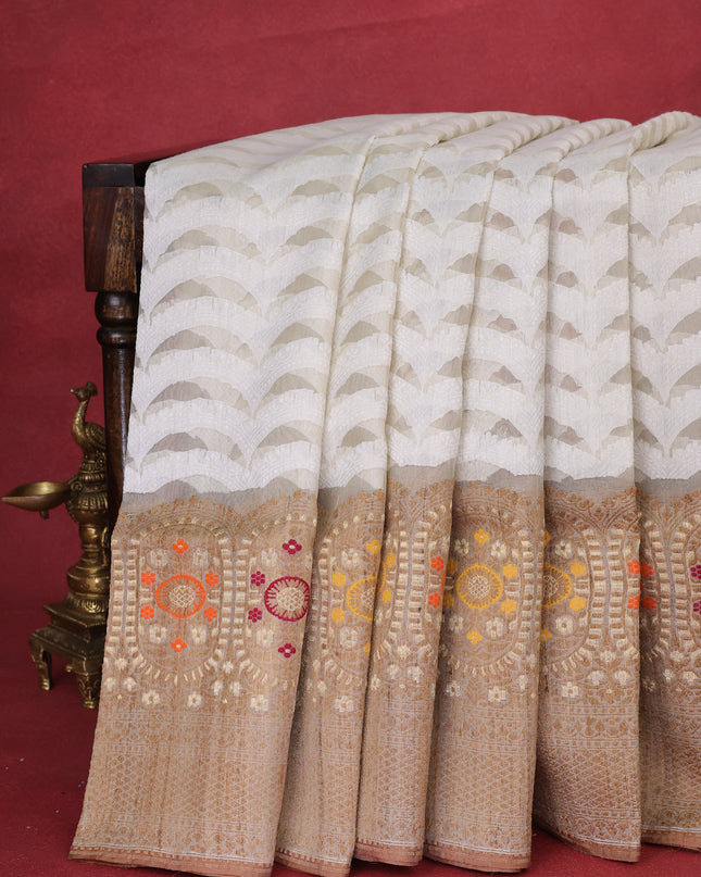 Off White - Dark Sandal Banarasi Kora Silk Saree With Thread Weaves