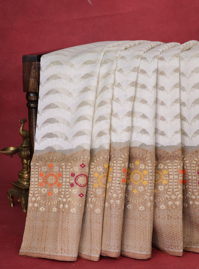 Off White - Dark Sandal Banarasi Kora Silk Saree With Thread Weaves