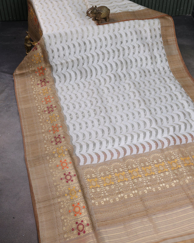 Off White - Dark Sandal Banarasi Kora Silk Saree With Thread Weaves