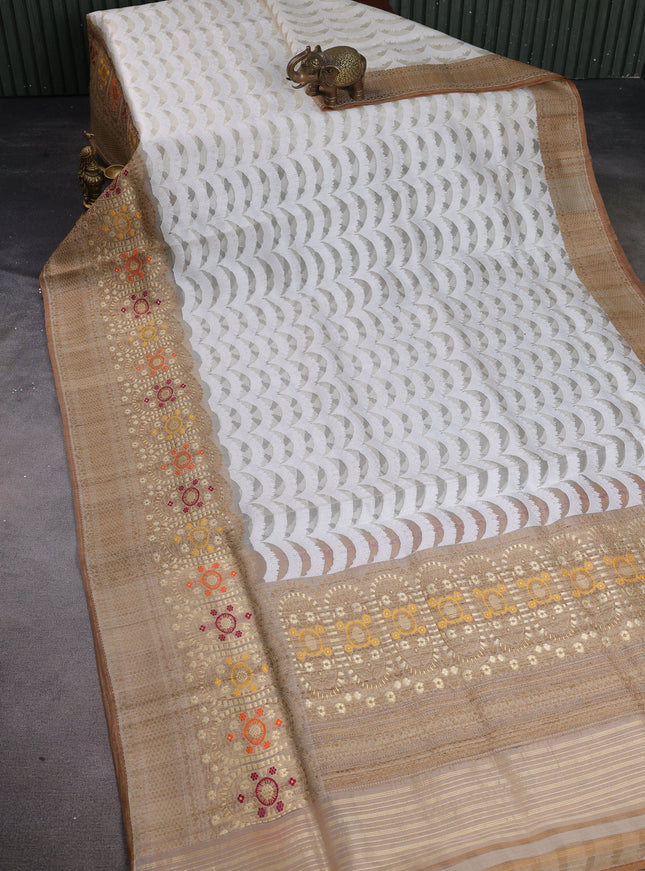 Off White - Dark Sandal Banarasi Kora Silk Saree With Thread Weaves