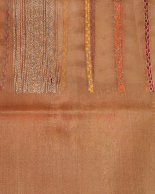 Off White - Dark Sandal Banarasi Kora Silk Saree With Thread Weaves