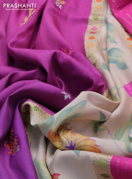 Pink-Purple Banarasi Tussar Georgette Silk Saree With Embroided Butta & Hand Painted Border Prints