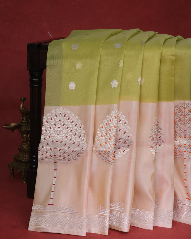 Pista Green & Cream Banarasi Kora Saree With Zari Buttas & Long Rich Border