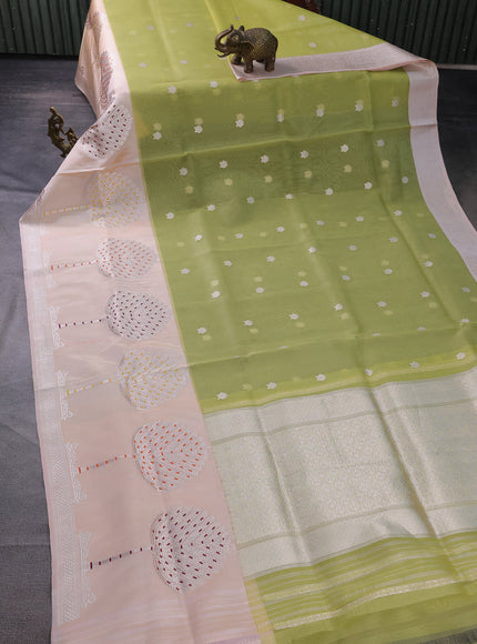 Pista Green & Cream Banarasi Kora Saree With Zari Buttas & Long Rich Border