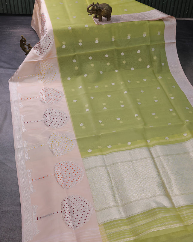 Pista Green & Cream Banarasi Kora Saree With Zari Buttas & Long Rich Border