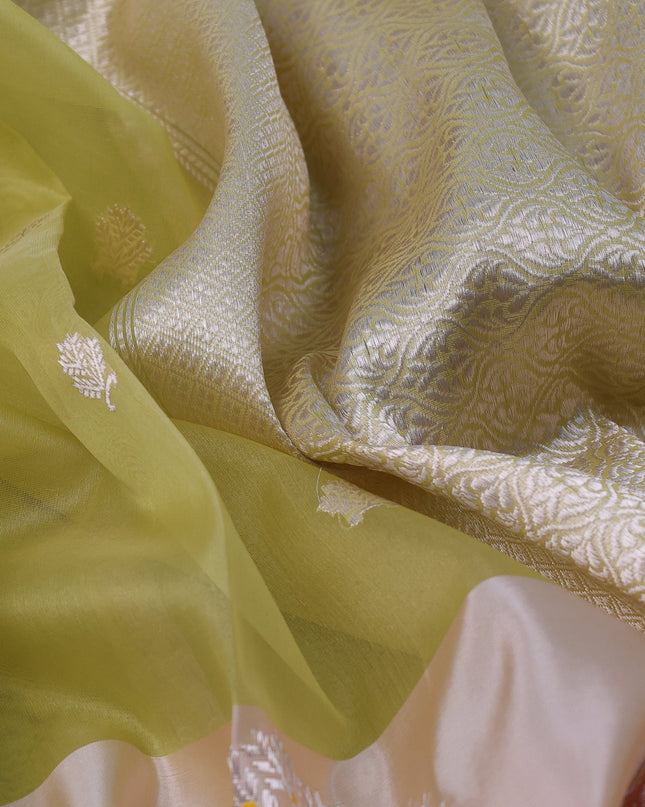 Pista Green & Cream Banarasi Kora Saree With Zari Buttas & Long Rich Border