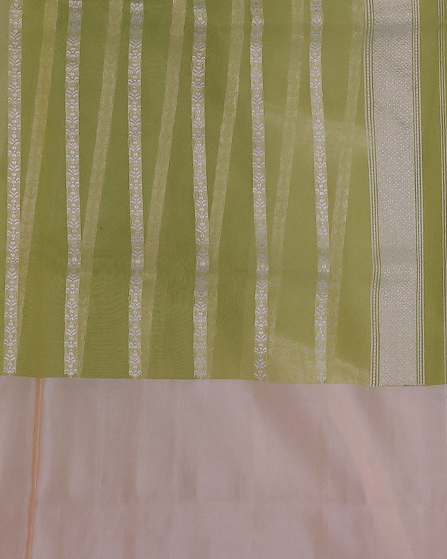 Pista Green & Cream Banarasi Kora Saree With Zari Buttas & Long Rich Border
