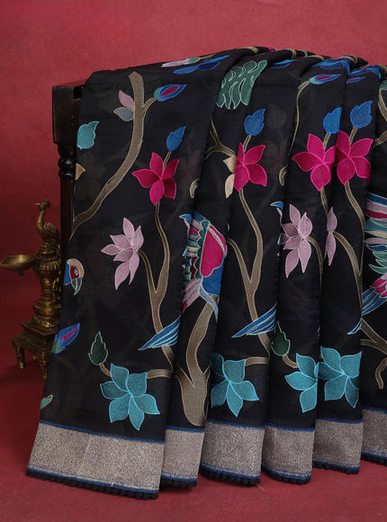 Black Organza Silk Saree With Allover Embroidery & Rich Border