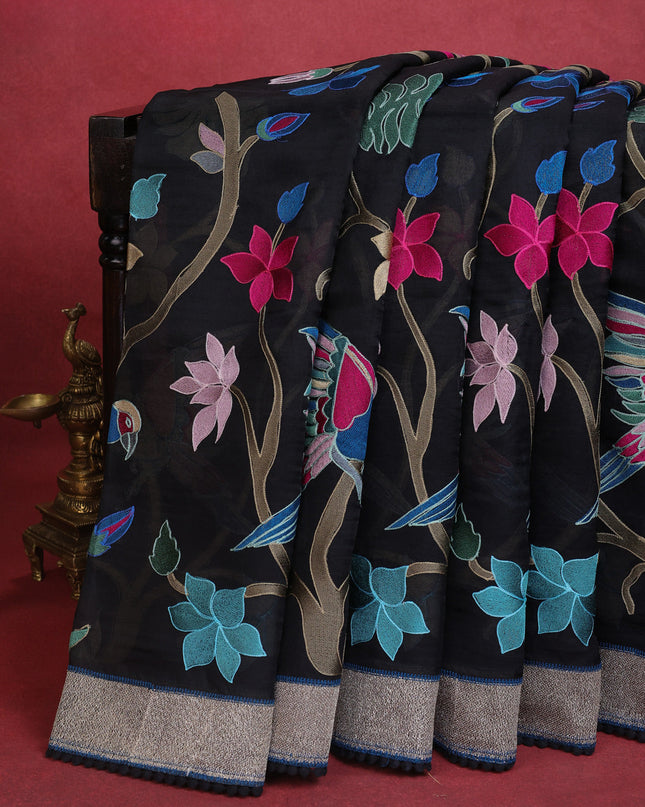 Black Organza Silk Saree With Allover Embroidery & Rich Border