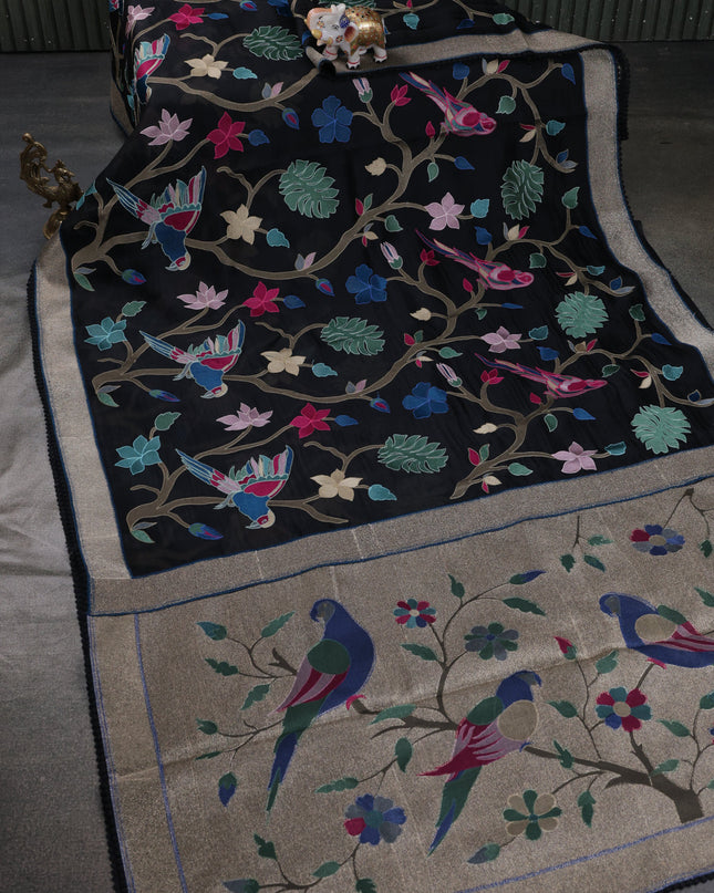 Black Organza Silk Saree With Allover Embroidery & Rich Border