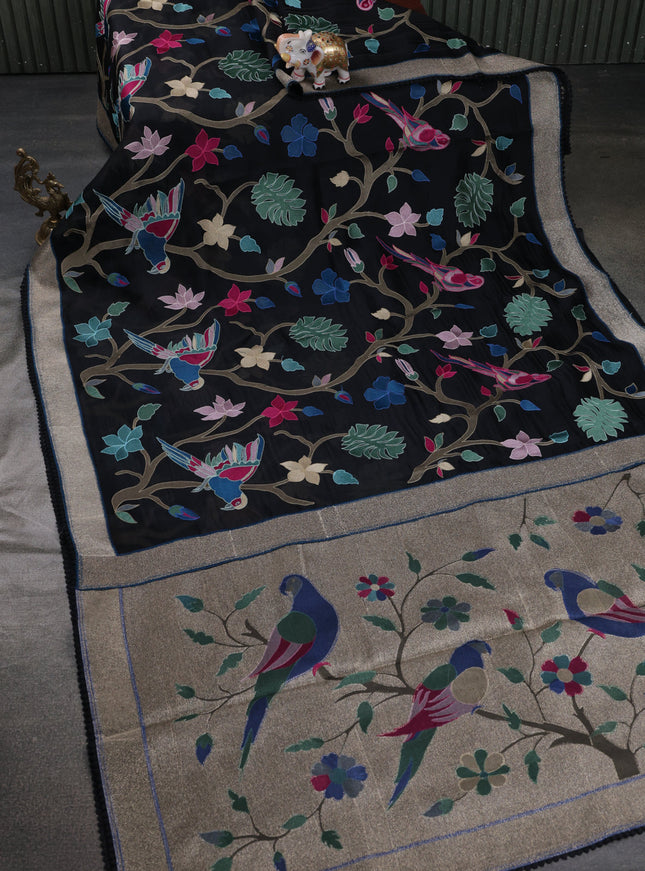 Black Organza Silk Saree With Allover Embroidery & Rich Border