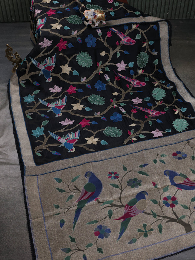 Black Organza Silk Saree With Allover Embroidery & Rich Border