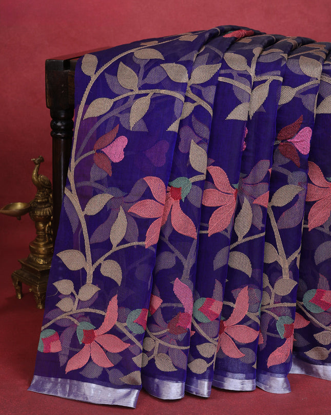 Blue Organza Silk Saree With Allover Floarl Embroidery & Silver Zari Border