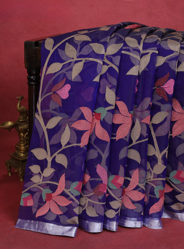 Blue Organza Silk Saree With Allover Floarl Embroidery & Silver Zari Border
