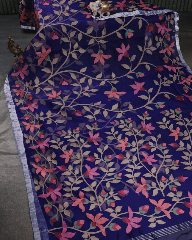 Blue Organza Silk Saree With Allover Floarl Embroidery & Silver Zari Border