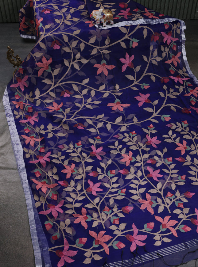 Blue Organza Silk Saree With Allover Floarl Embroidery & Silver Zari Border