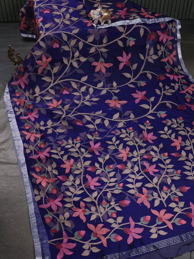 Blue Organza Silk Saree With Allover Floarl Embroidery & Silver Zari Border