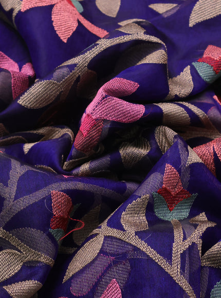 Blue Organza Silk Saree With Allover Floarl Embroidery & Silver Zari Border