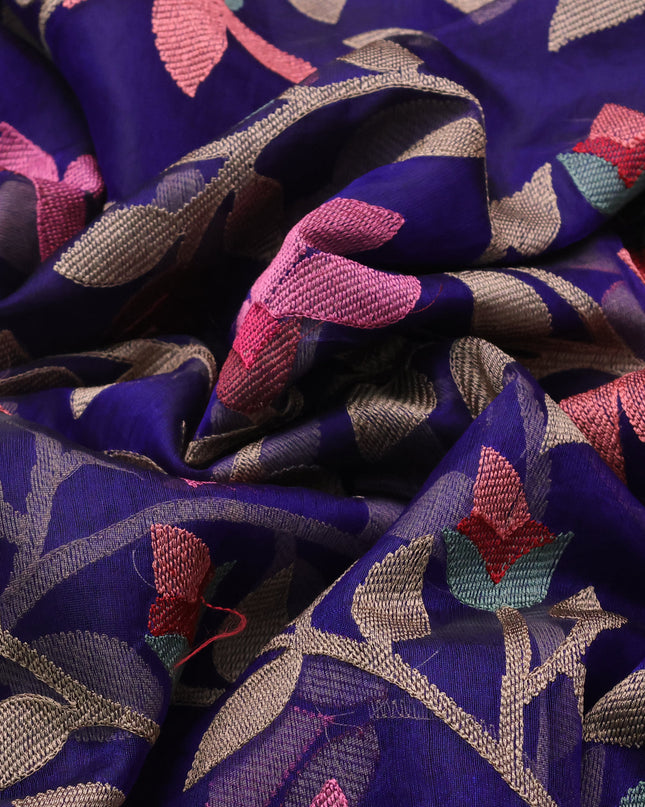Blue Organza Silk Saree With Allover Floarl Embroidery & Silver Zari Border