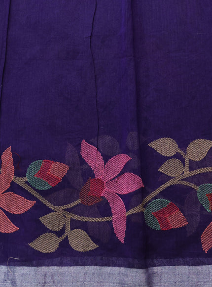 Blue Organza Silk Saree With Allover Floarl Embroidery & Silver Zari Border
