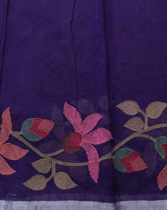 Blue Organza Silk Saree With Allover Floarl Embroidery & Silver Zari Border