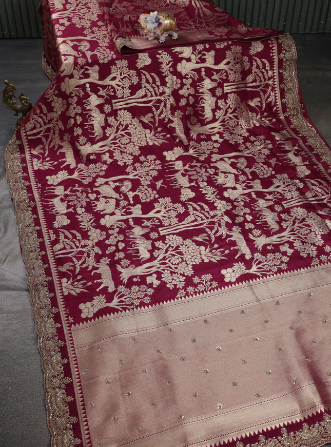 Purple Banarasi Silk Saree With Brocade Zari Weaves & Embroided Border
