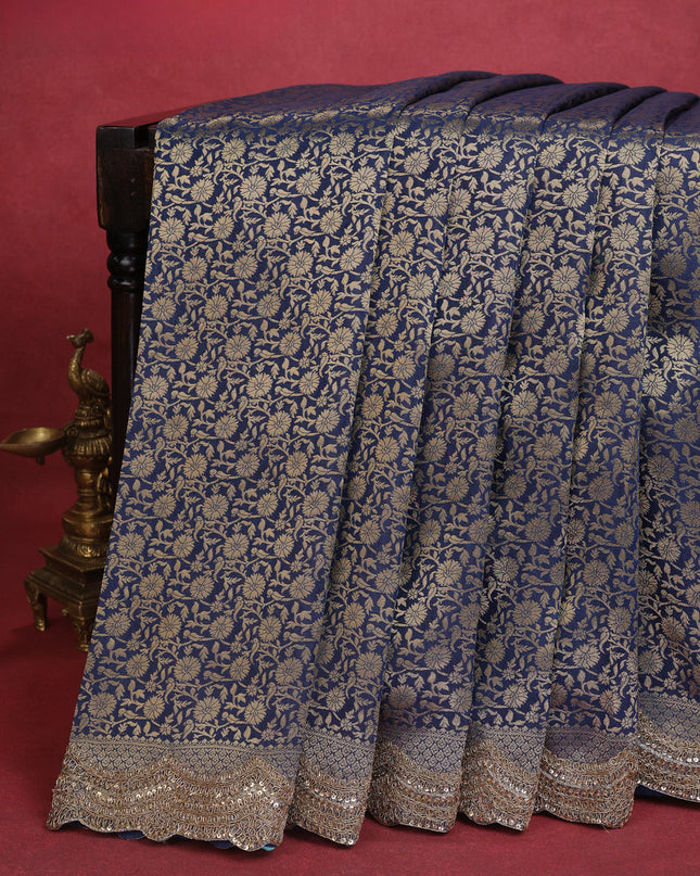 Peacock Blue Banarasi Silk Saree With Brocade Zari Weaves & Embroided Border