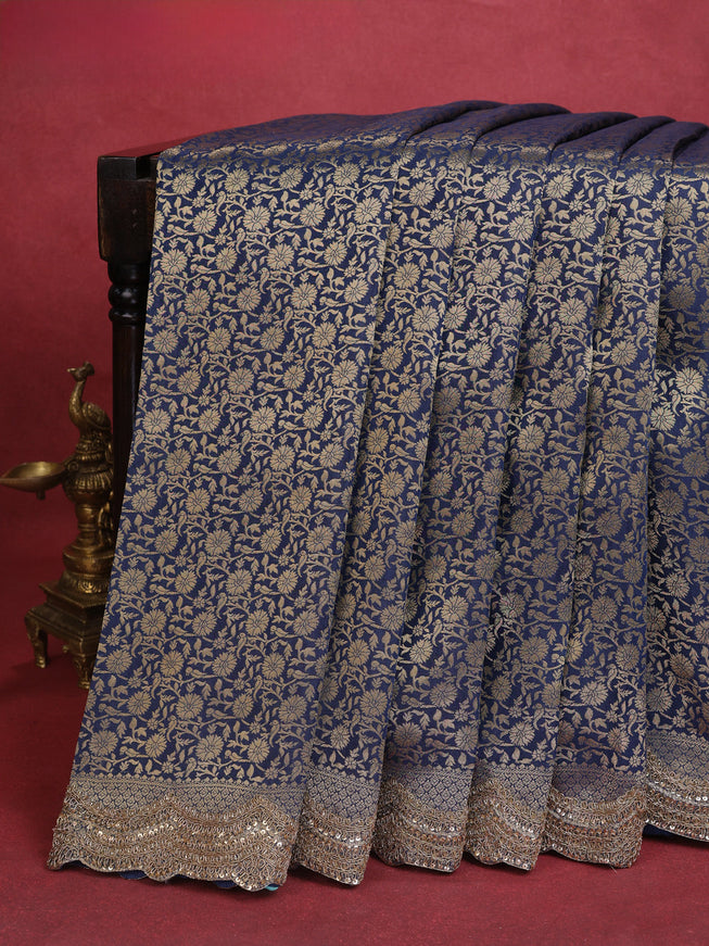 Peacock Blue Banarasi Silk Saree With Brocade Zari Weaves & Embroided Border