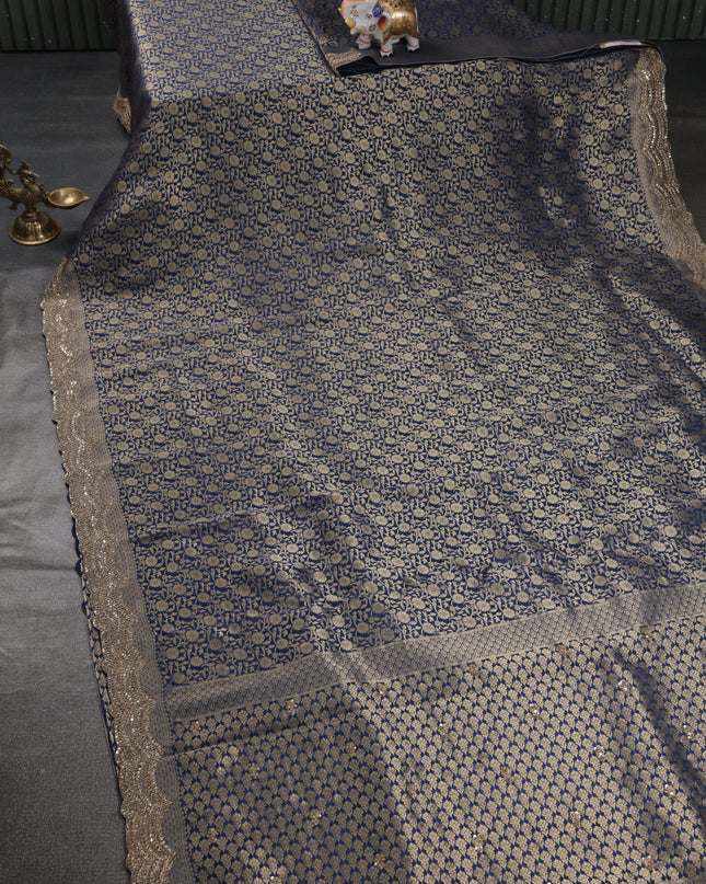 Peacock Blue Banarasi Silk Saree With Brocade Zari Weaves & Embroided Border