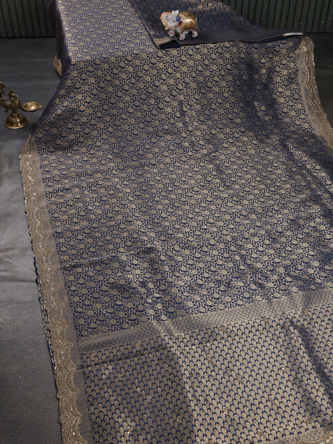 Peacock Blue Banarasi Silk Saree With Brocade Zari Weaves & Embroided Border