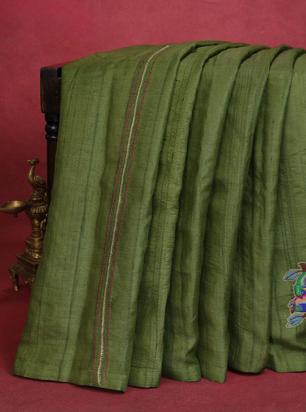 Mehendi Green Pure Tussar Silk Saree With Kutch Embroidery & Kantha Stitch Work