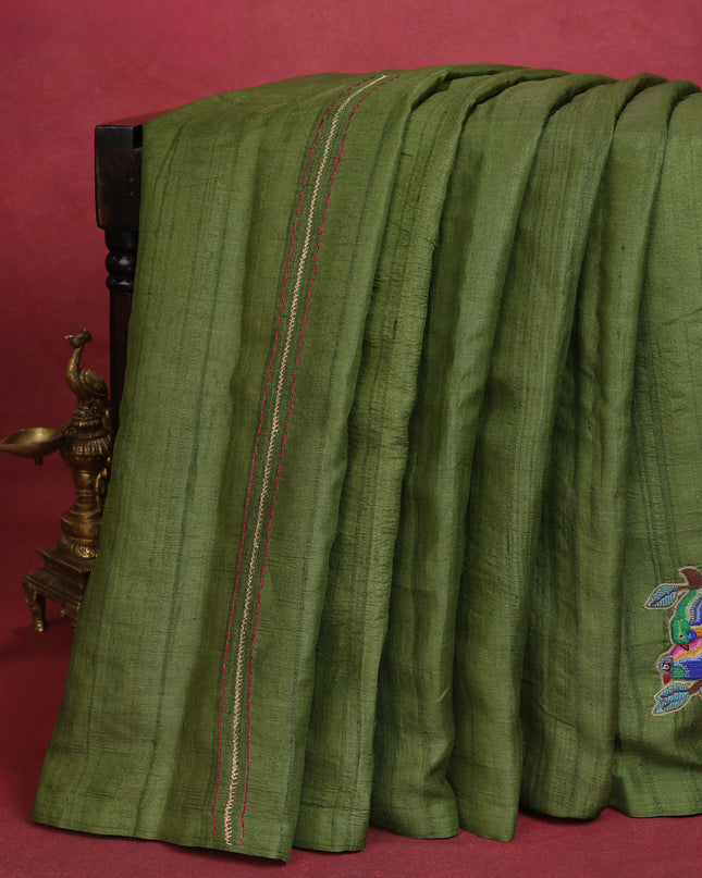 Mehendi Green Pure Tussar Silk Saree With Kutch Embroidery & Kantha Stitch Work