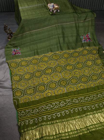 Mehendi Green Pure Tussar Silk Saree With Kutch Embroidery & Kantha Stitch Work