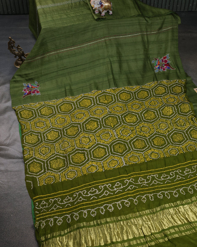 Mehendi Green Pure Tussar Silk Saree With Kutch Embroidery & Kantha Stitch Work