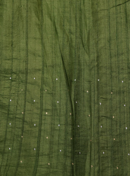 Mehendi Green Pure Tussar Silk Saree With Kutch Embroidery & Kantha Stitch Work