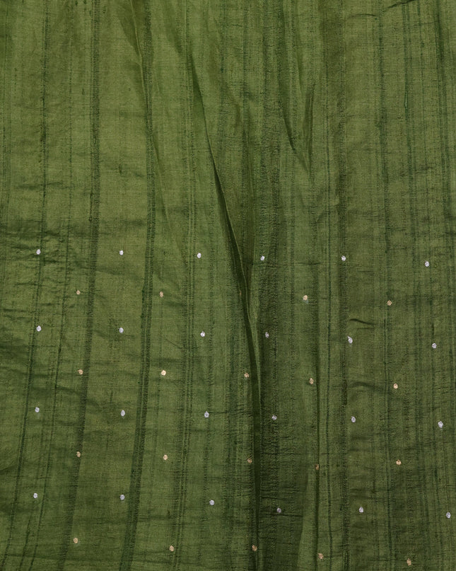 Mehendi Green Pure Tussar Silk Saree With Kutch Embroidery & Kantha Stitch Work