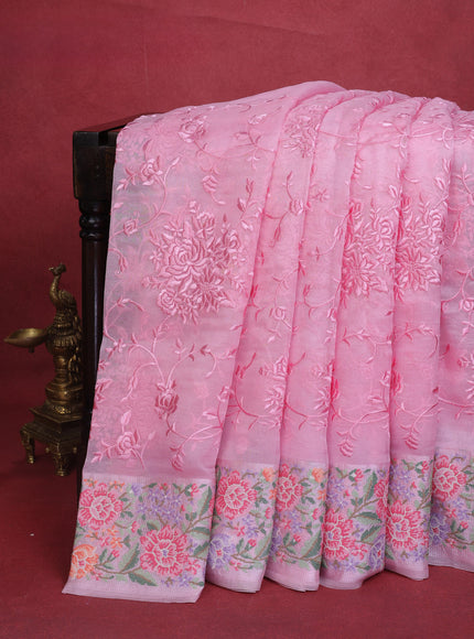 Peach Pink Organza Silk Saree With Allover Parsi Work & Kutch Embroided Border
