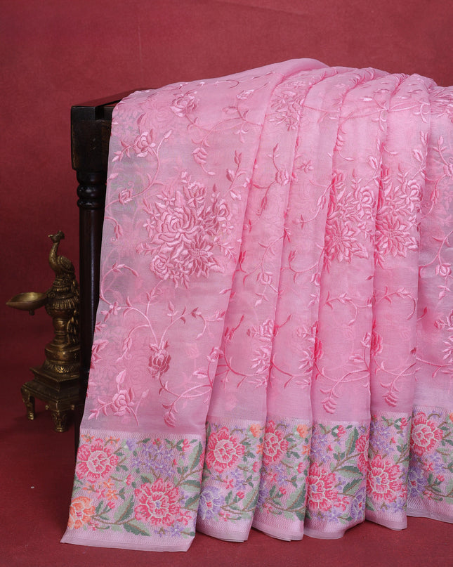Peach Pink Organza Silk Saree With Allover Parsi Work & Kutch Embroided Border