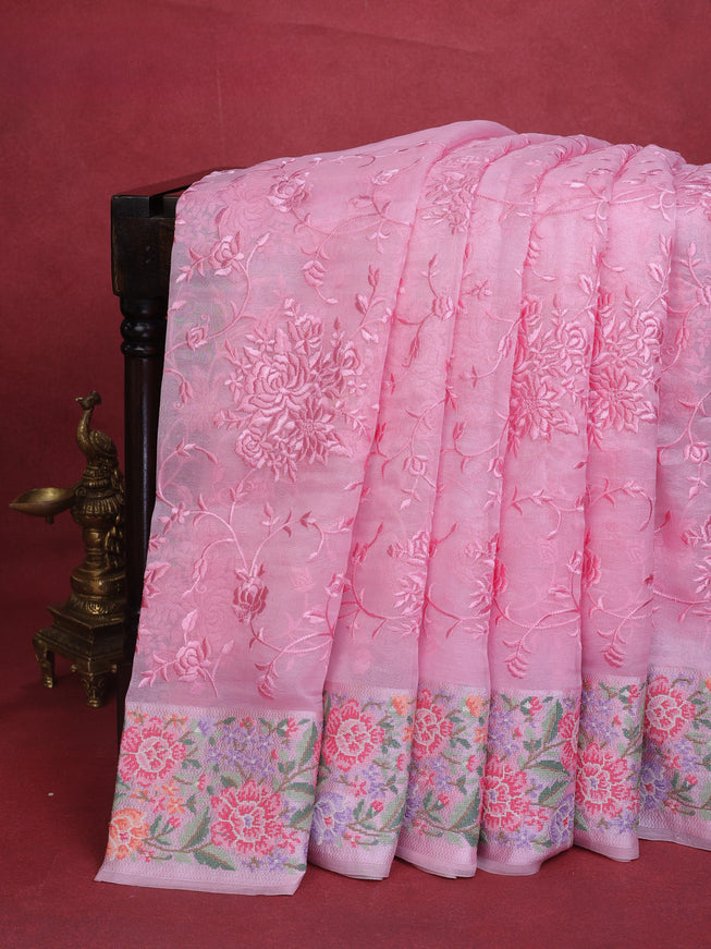 Peach Pink Organza Silk Saree With Allover Parsi Work & Kutch Embroided Border